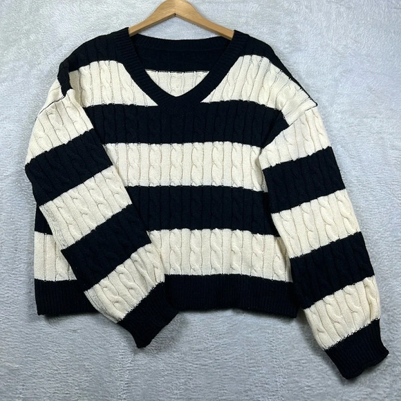 Unbranded Sweaters - Womens Cable Knit Striped Sweater Size L Black Cream VNeck Relaxed Drop Shoulder